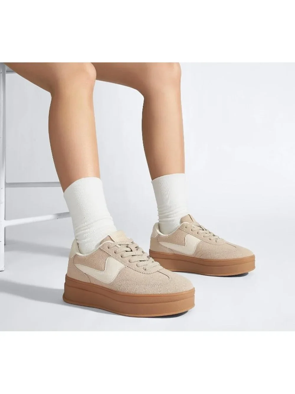 🆕Women's Beige Platform Fashion Sneakers Thick Sole Casual Walking Shoes